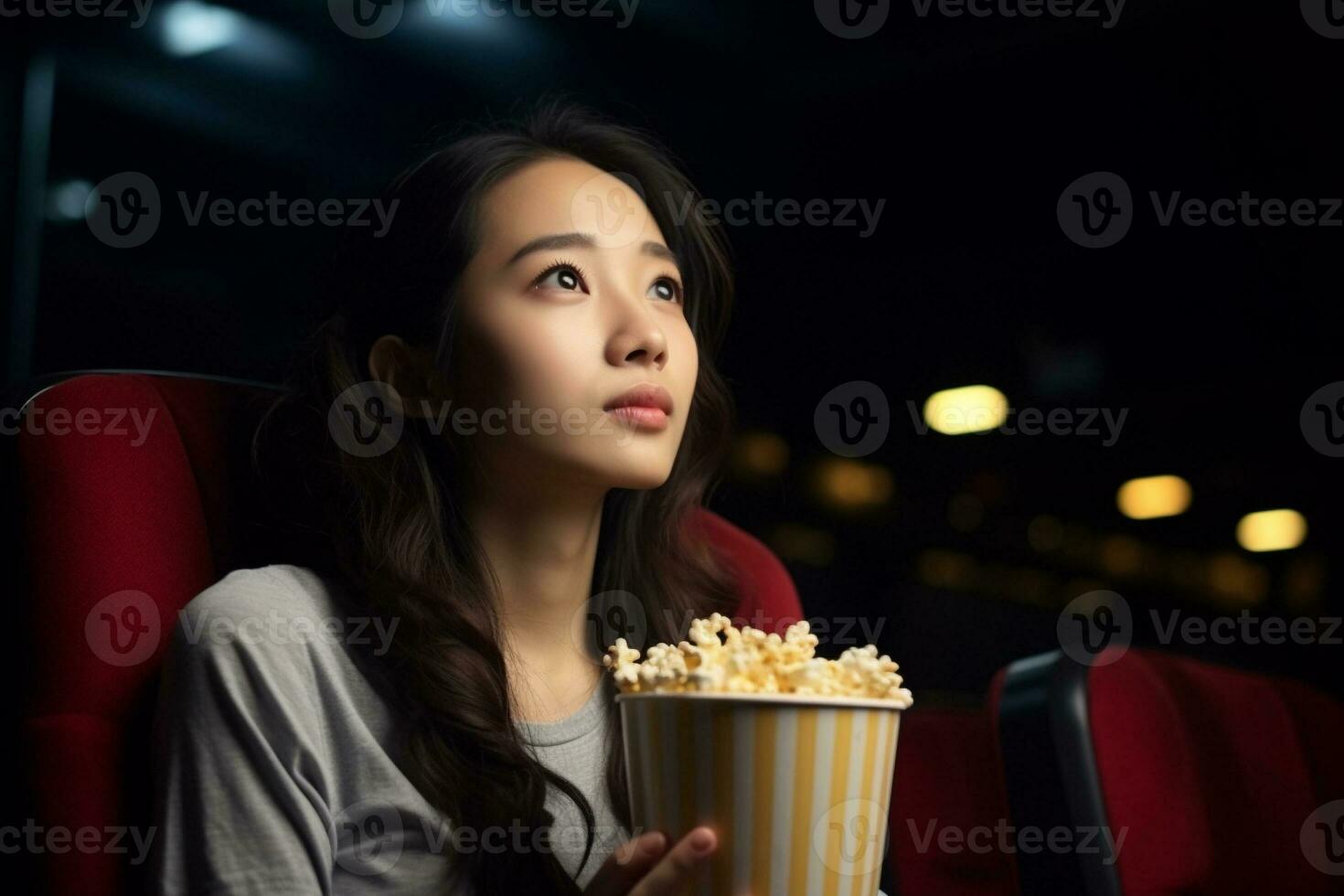 Young Japanese woman holding popcorn cup while watching a movie at a movie theater generative AI photo