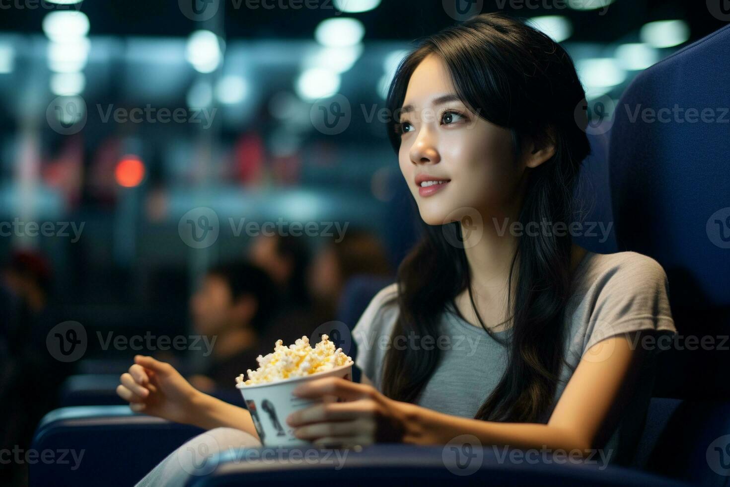 beautiful japanese woman holding popcorn cup while watching a movie in a theater generative AI photo