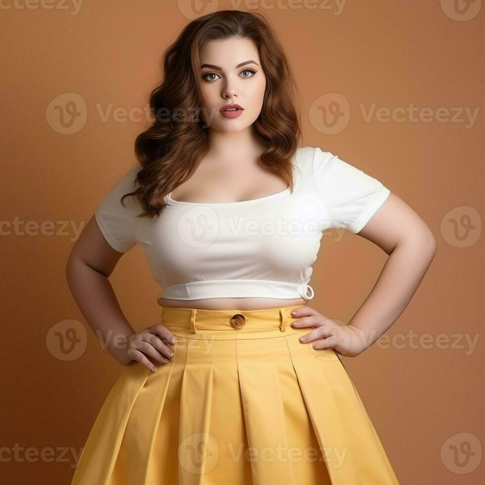 a little fatty model girl on orange background generative AI photo