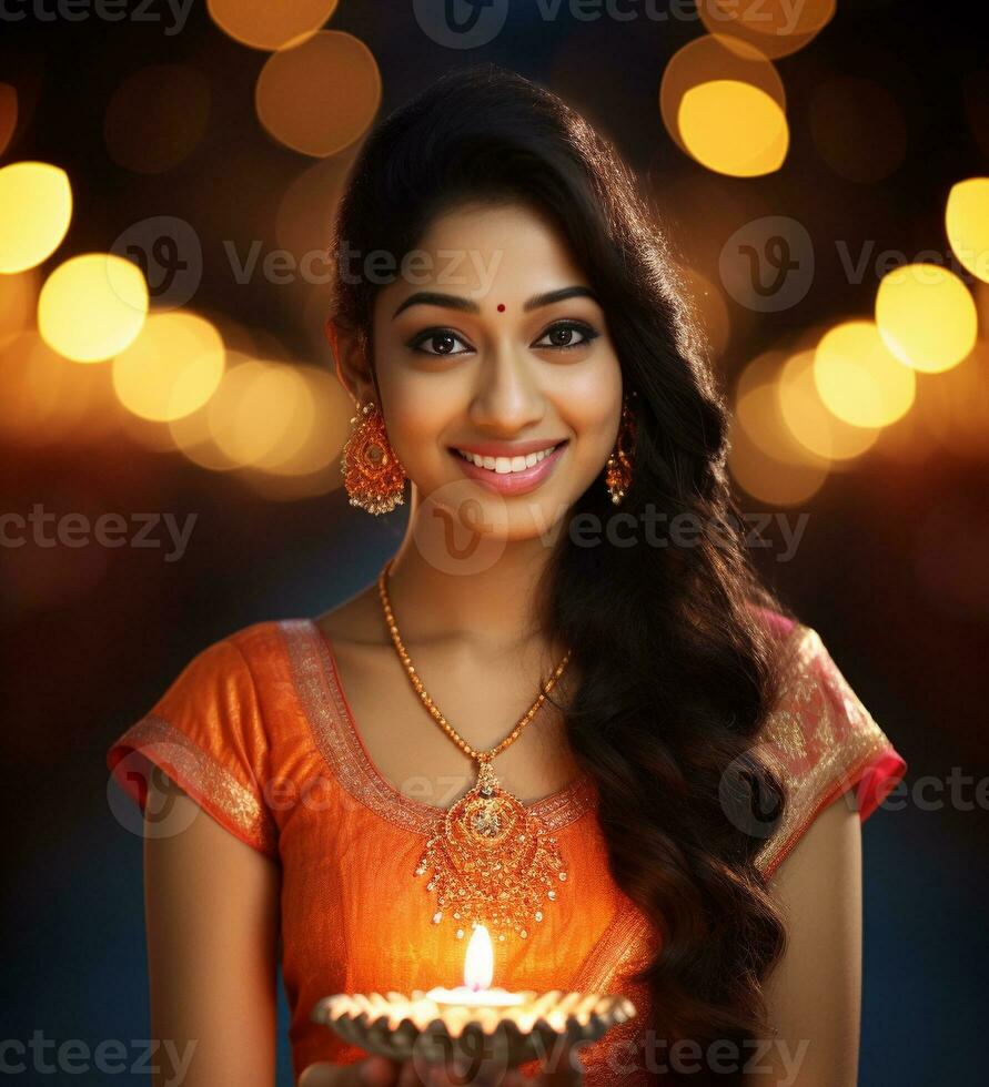 indian young woman holding small oil lamp to celebrate diwali on bokeh background generative AI photo