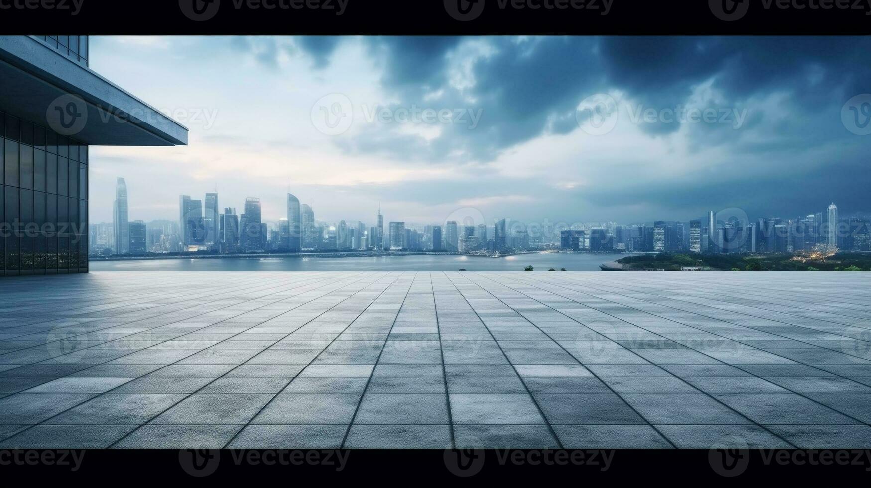 landscape of Empty square floor with modern building and city skyline generative AI photo