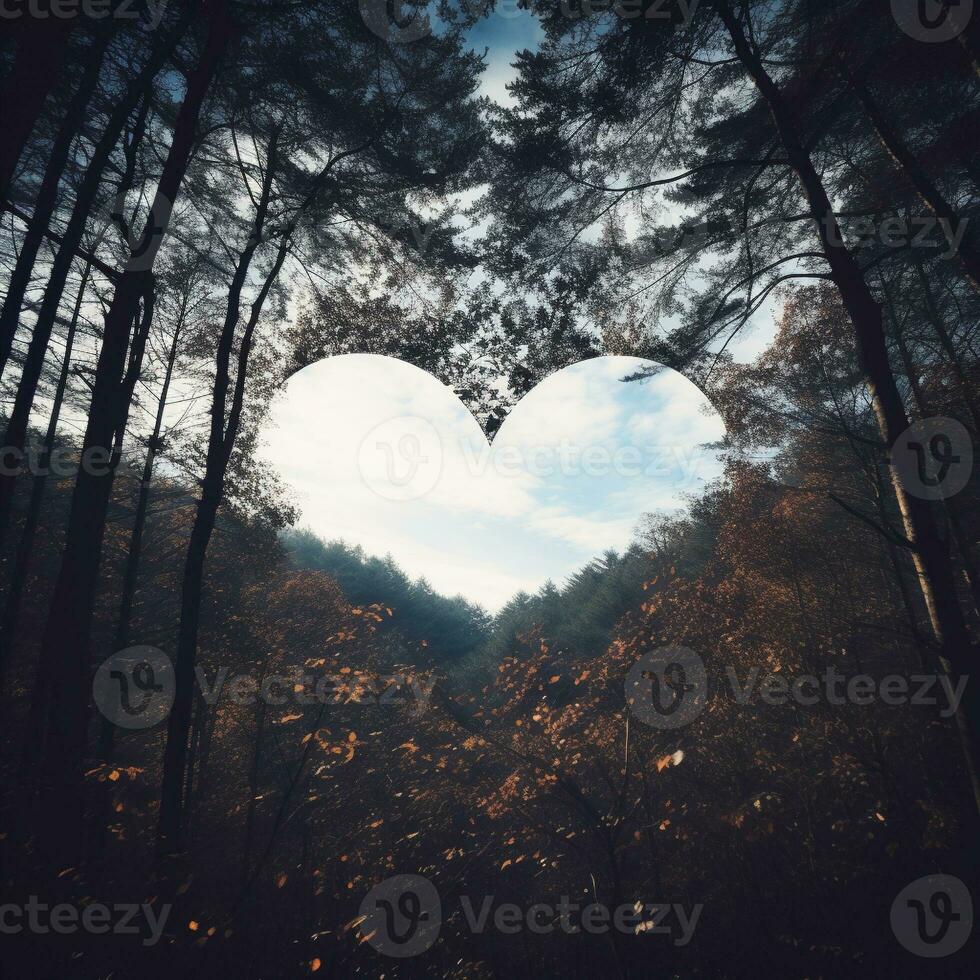 a heart shape made of trees branches in dense forest generative AI photo