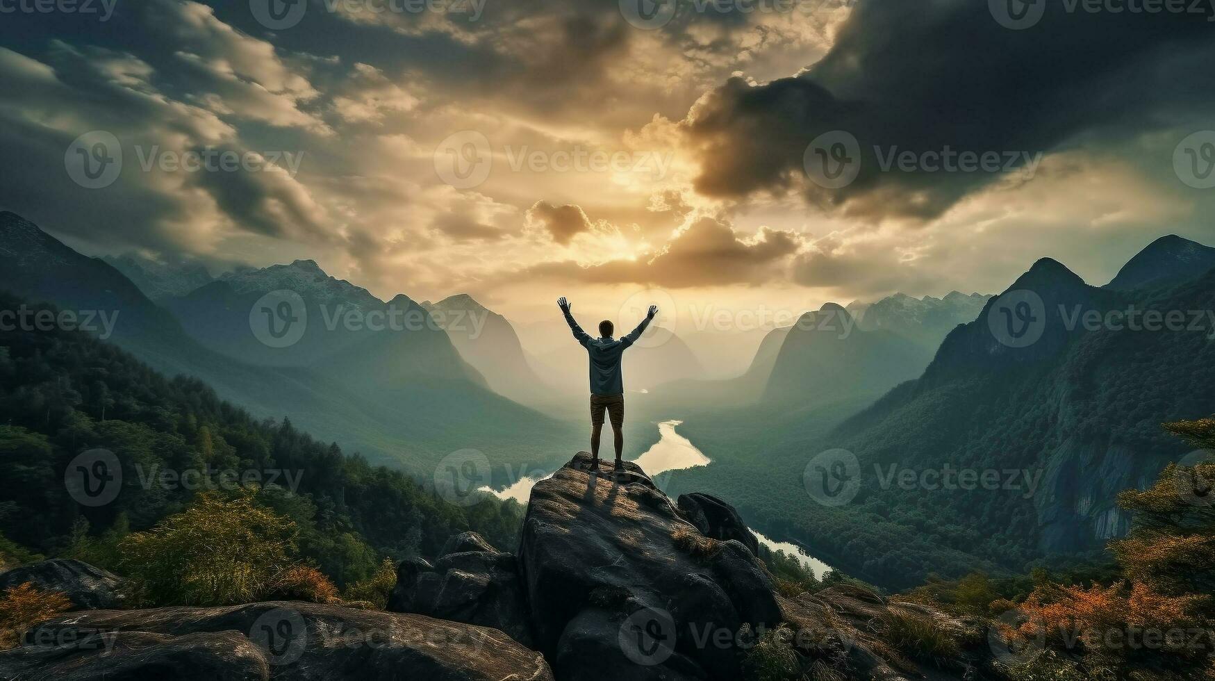 a man spreading his arms on mountain hill generative AI photo