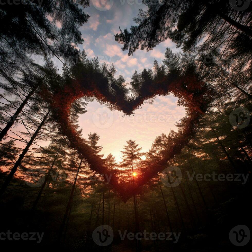a big heart shape made of trees branches in dense forest generative AI photo