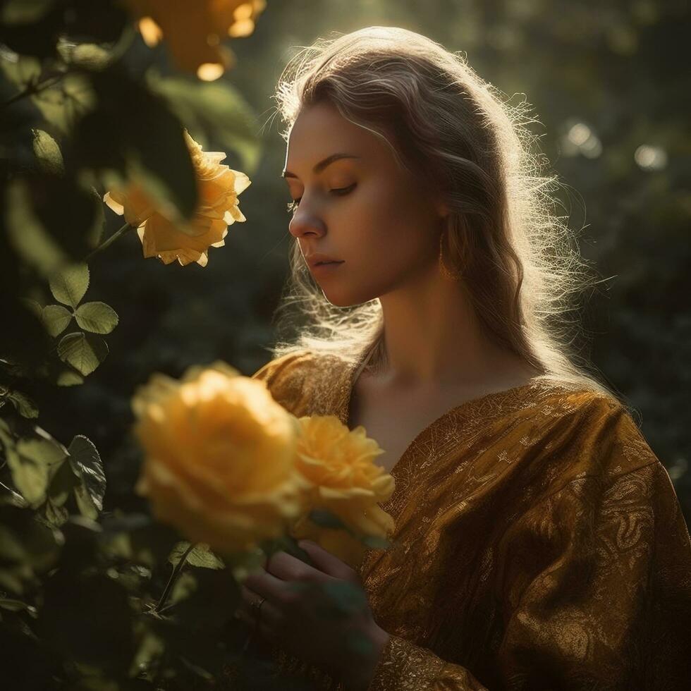 a woman holding a rose in her hand in the garden generative AI photo