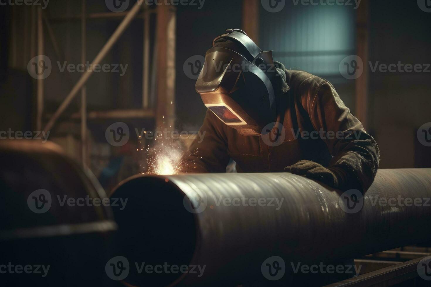 Worker welding metal piping generative AI photo