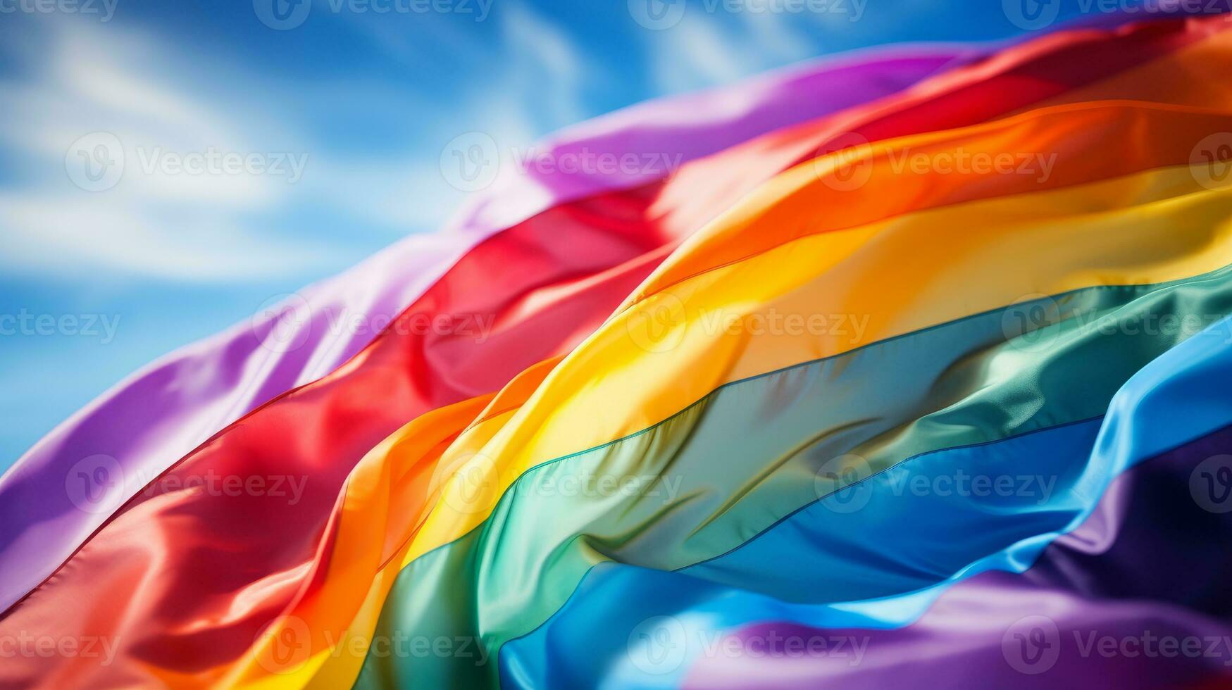 big rainbow flag flowing in air closeup generative AI photo