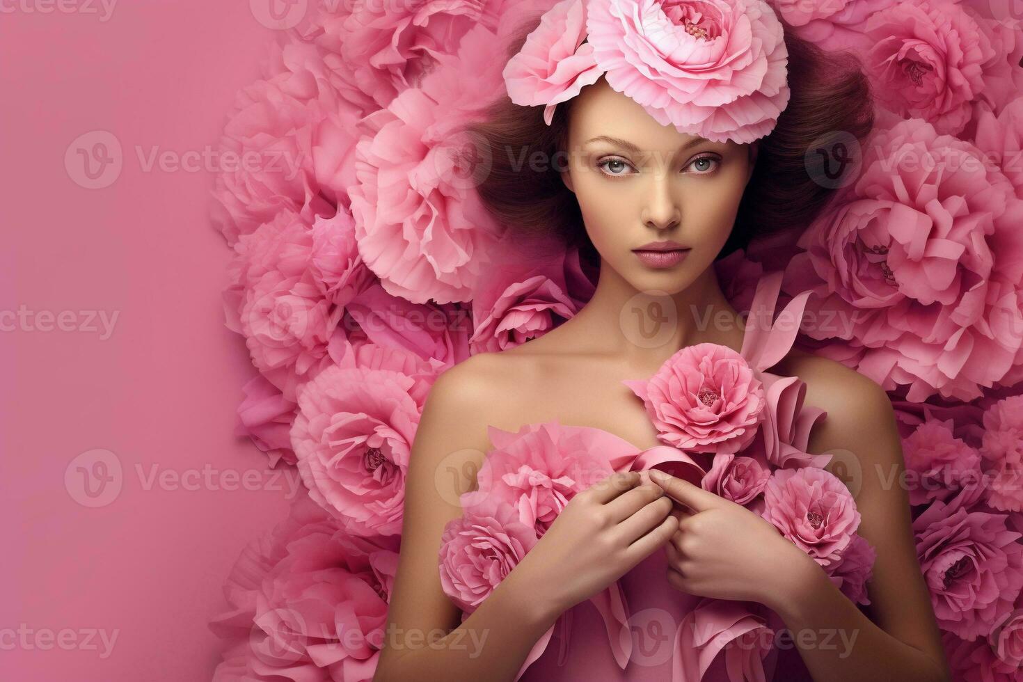 a beautiful woman wearing pink flowers dress on pink flower background generative AI photo