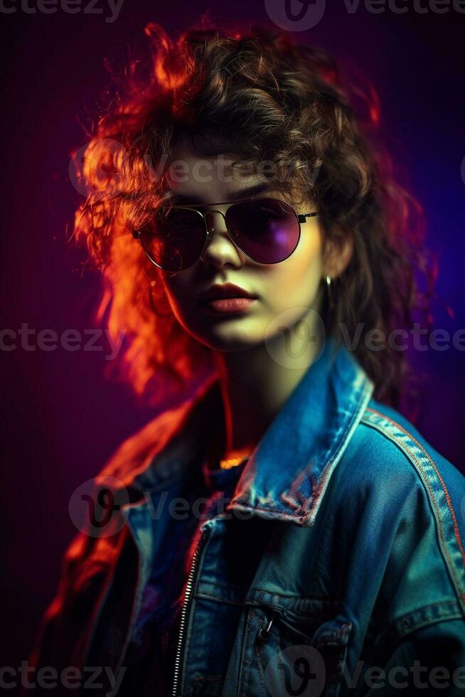 girl wearing sunglasses and cool 80s clothes on dark background generative AI photo