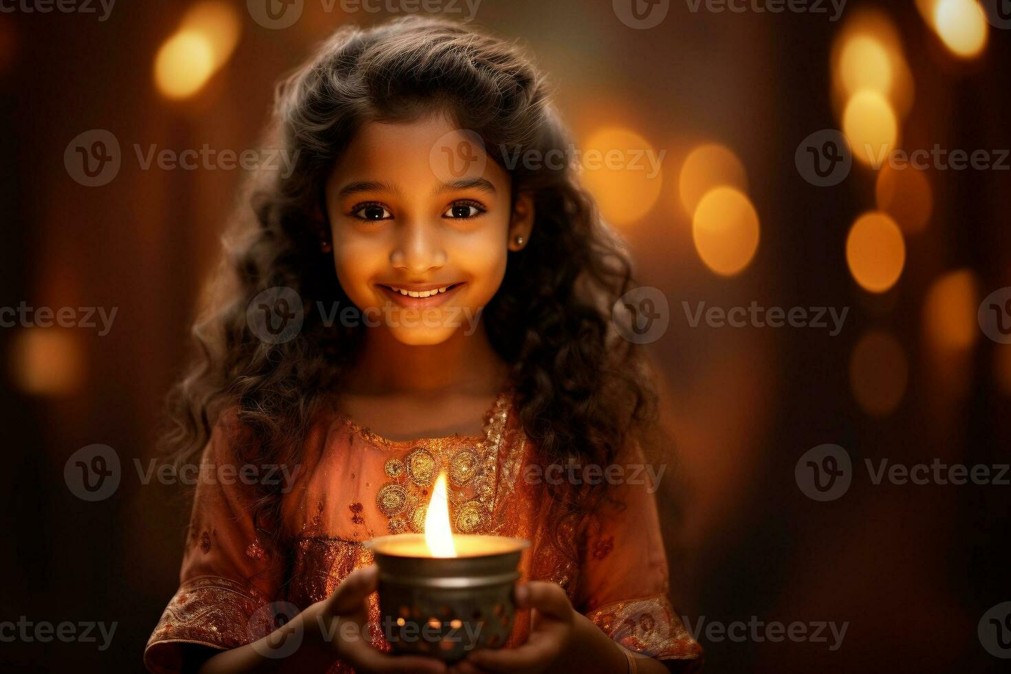 indian little girl holding diwali lamp with bokeh background generative AI photo