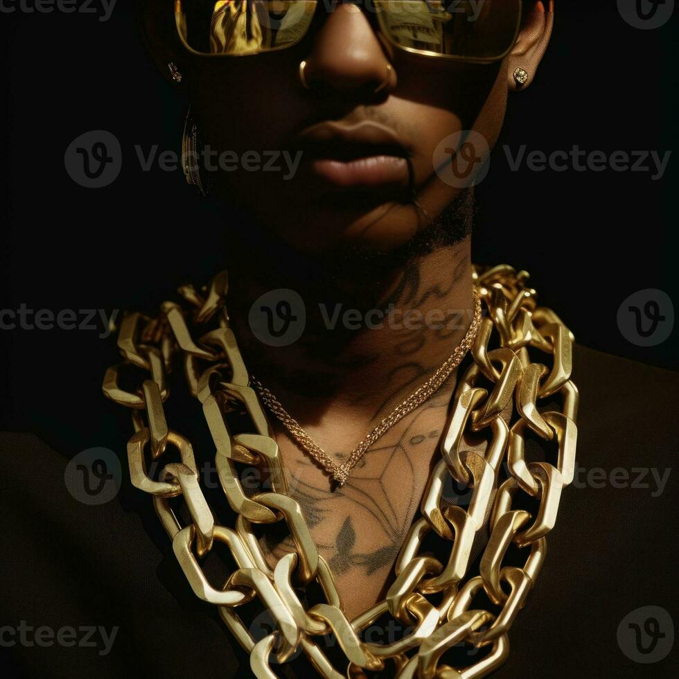 a person wearing gold chains on black background generative AI photo