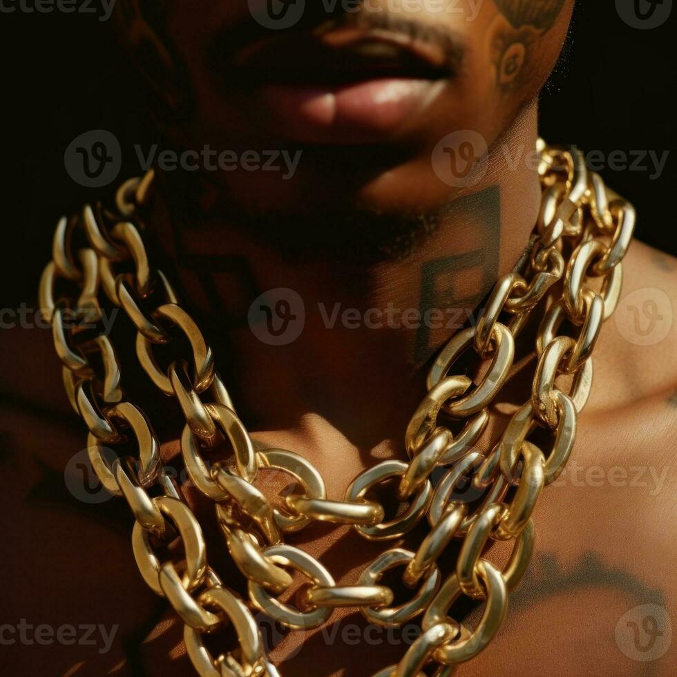 a person wearing many gold chains on black background generative AI photo