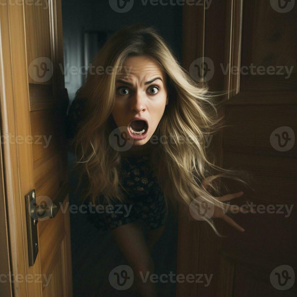 un enojado mujer mirando fuera de desde el puerta generativo ai foto