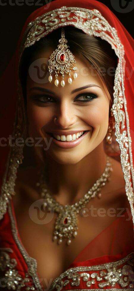 a modern indian bride in red wedding lehnga smiling closeup generative AI photo