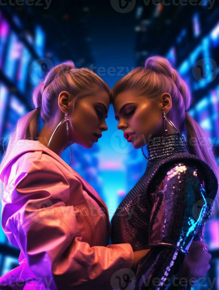 two fashionable female model joined her heads photo generative AI