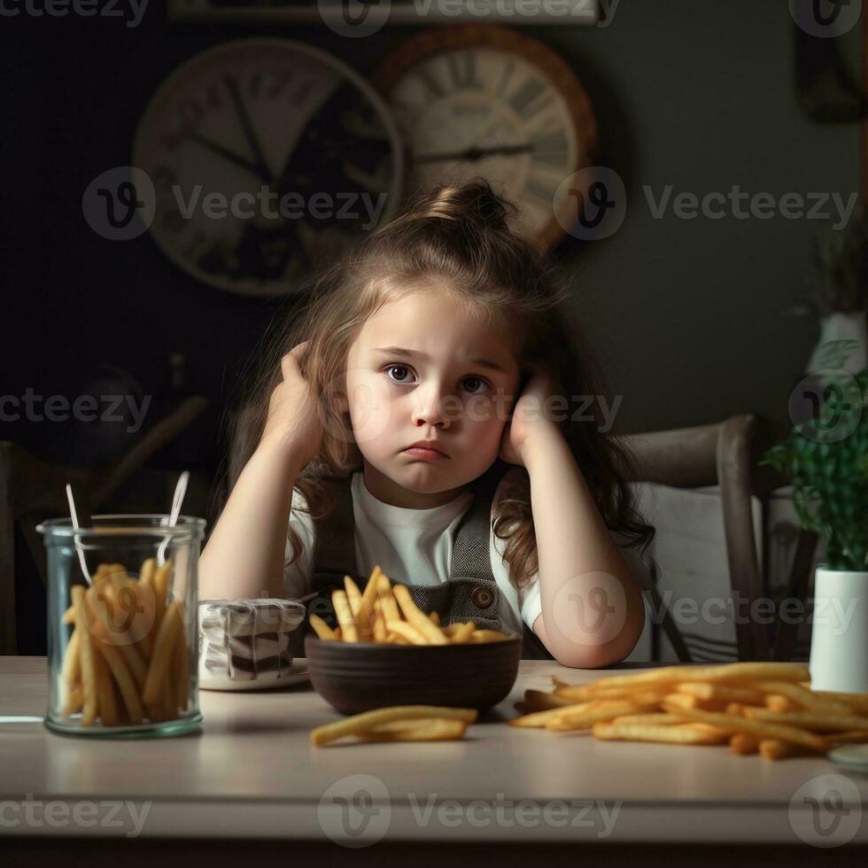 little girl upset sitting at the table with french fries generative AI