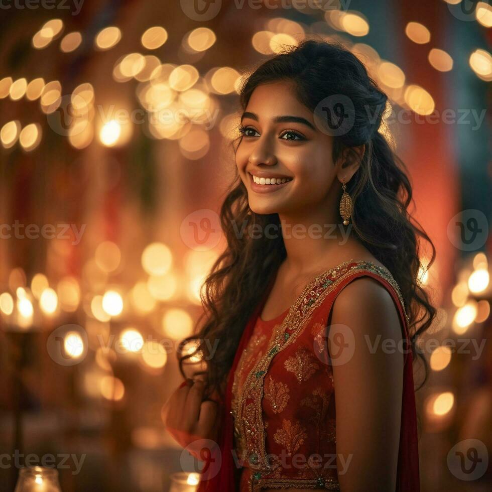 young indian girl in traditional cloth on bokeh background generative AI photo