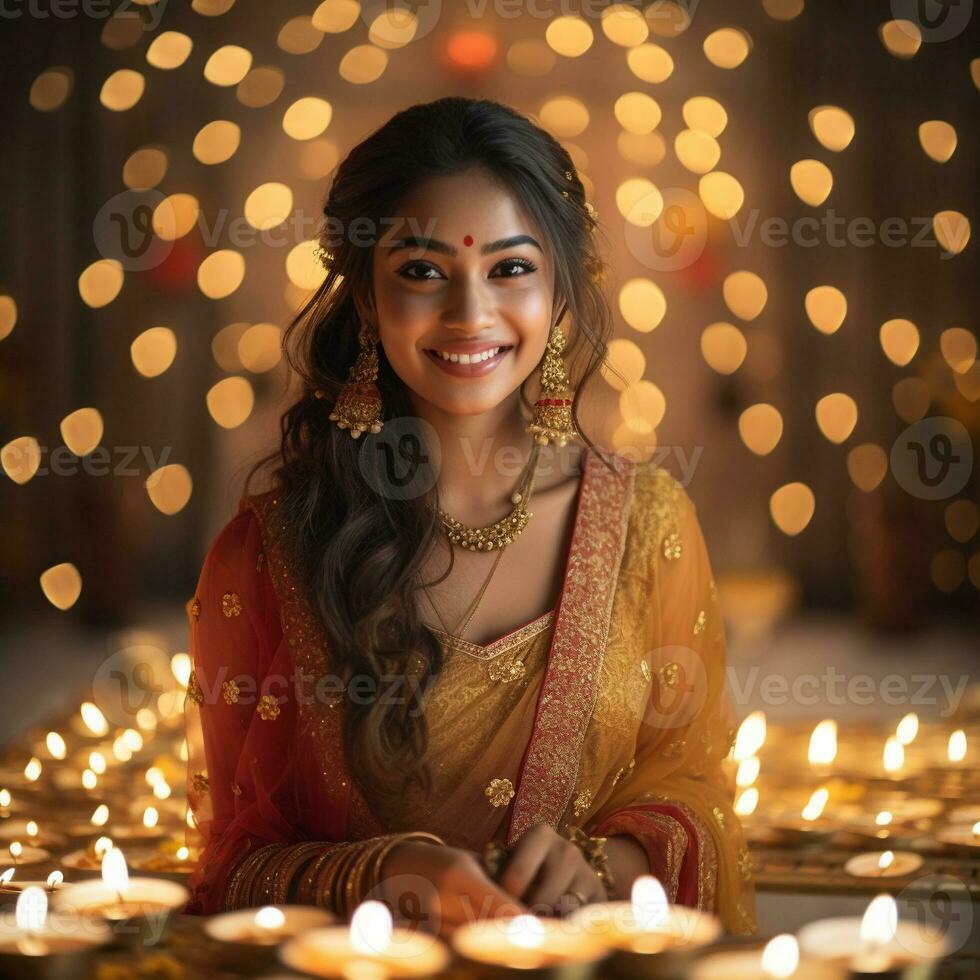 young indian woman with diwali lamp on bokeh background generative AI photo