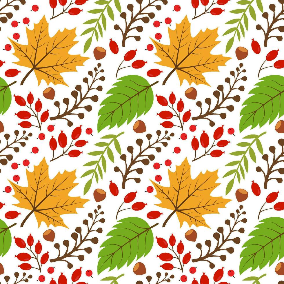 Pattern with autumn leaves. Vector seamless drawing of leaves, acorns, nuts, mountain ash. Background for textiles or book covers, wallpaper, design, graphics, printing, hobbies, invitations.