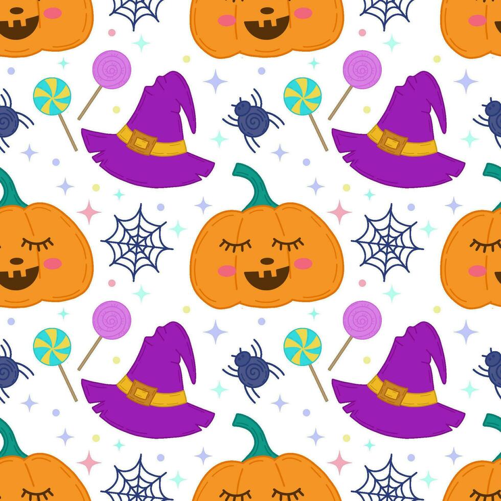 Vector seamless pattern for Halloween.Icons of pumpkins, spider, cobwebs, sweets, hats.Design elements for a Halloween party poster.Background for book covers, wallpapers,design,graphics, invitations.