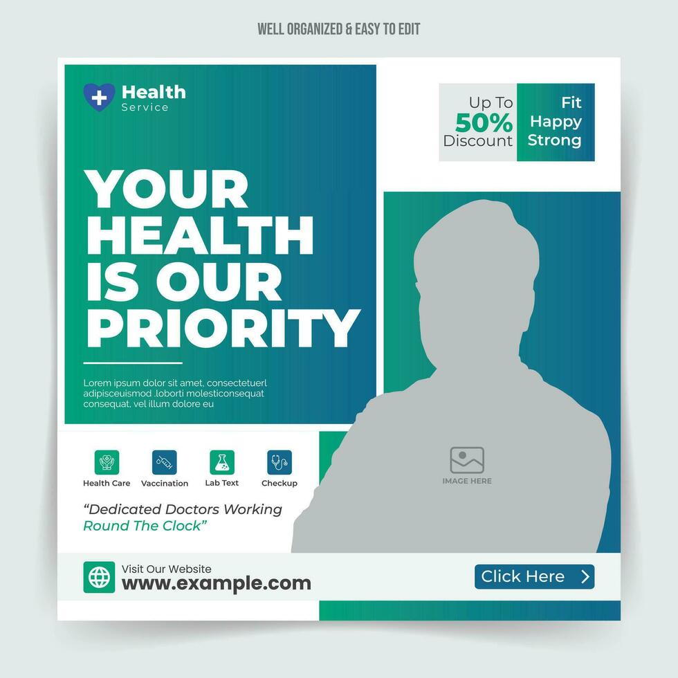 Healthcare social media post or medical square banner for hospital clinic promotion with editable content. vector