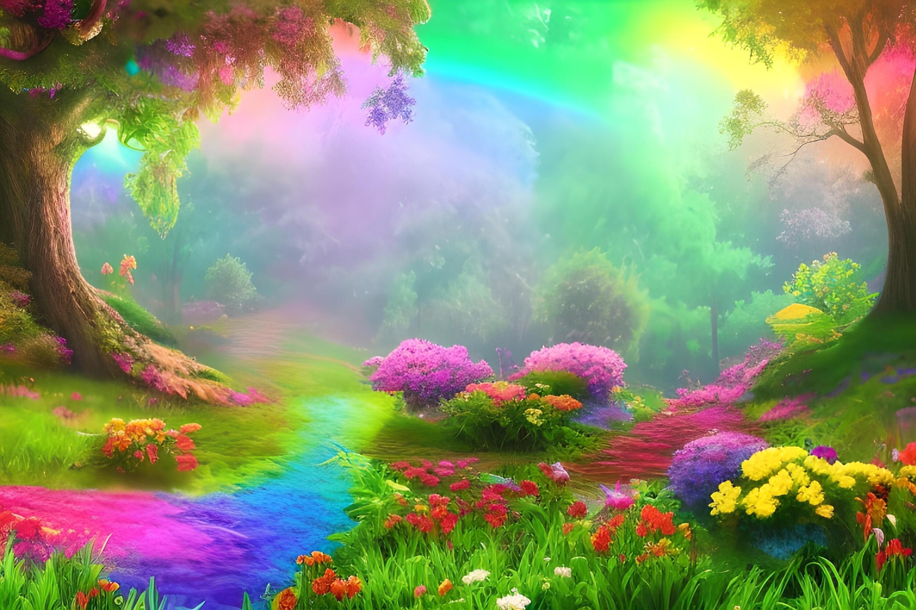 Flower Forest Background, Rainbow pastel Flower Forest Landscape
