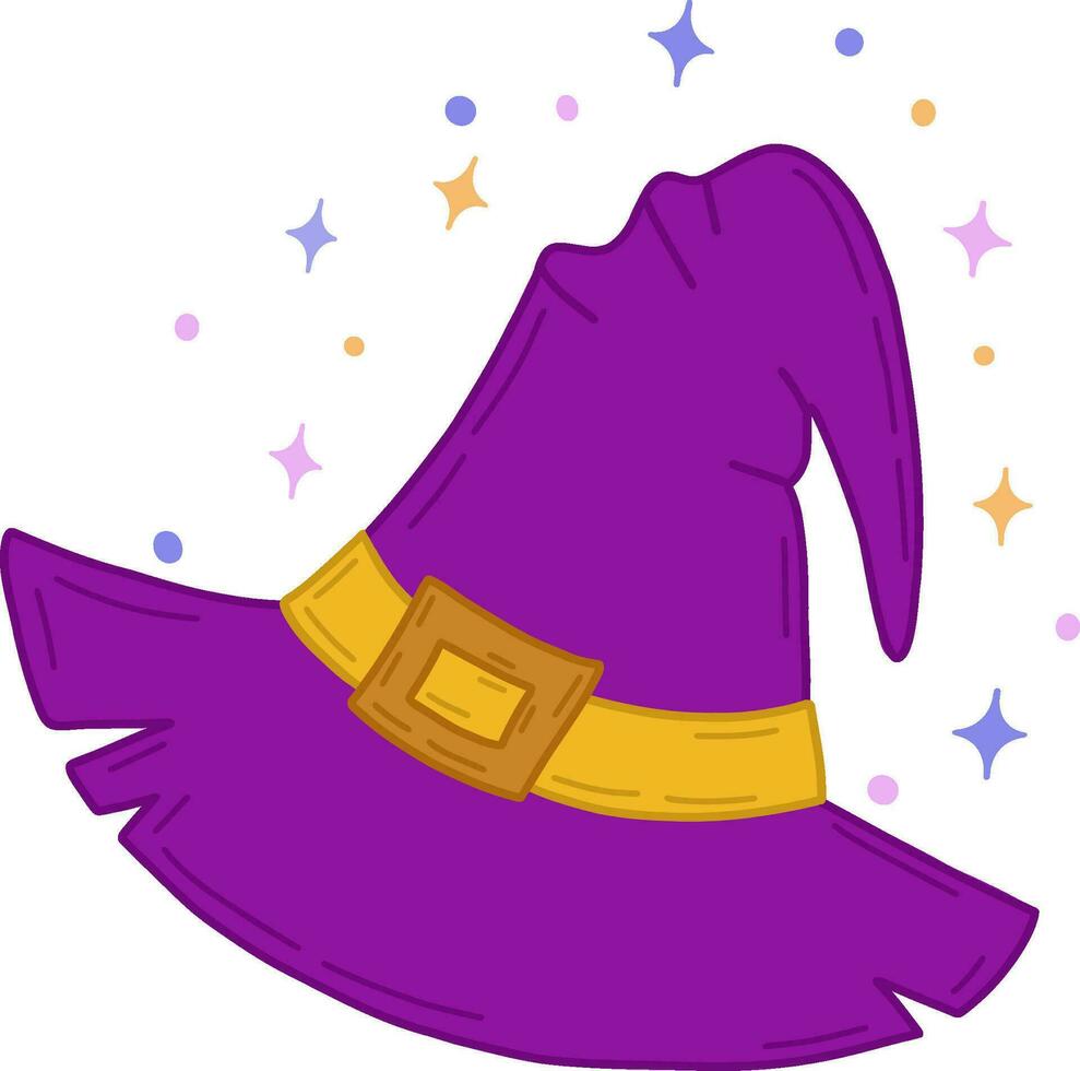 Illustration of a witch hat with stars for Halloween. A traditional witch hat for Halloween with a strap in a cartoon flat style, highlighted on a white background. Vector illustration.