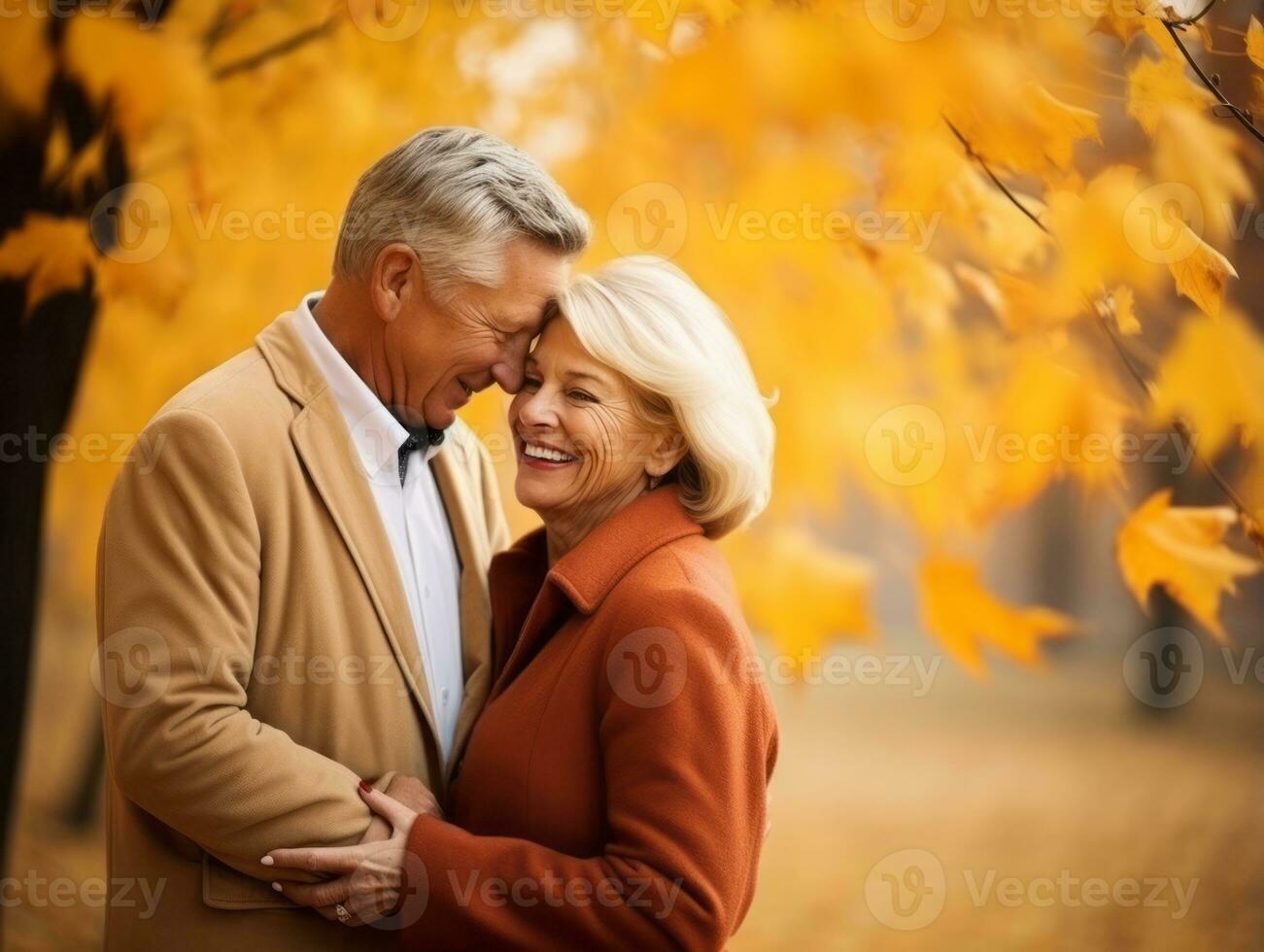 Loving old couple is enjoying a romantic autumn day AI Generative photo