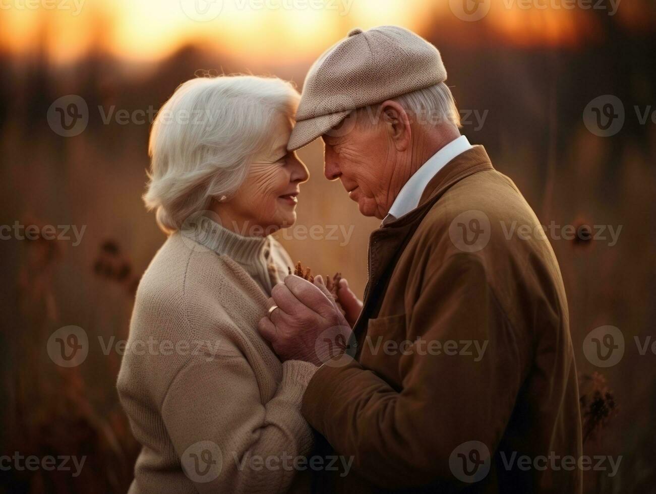 Loving old couple is enjoying a romantic autumn day AI Generative photo