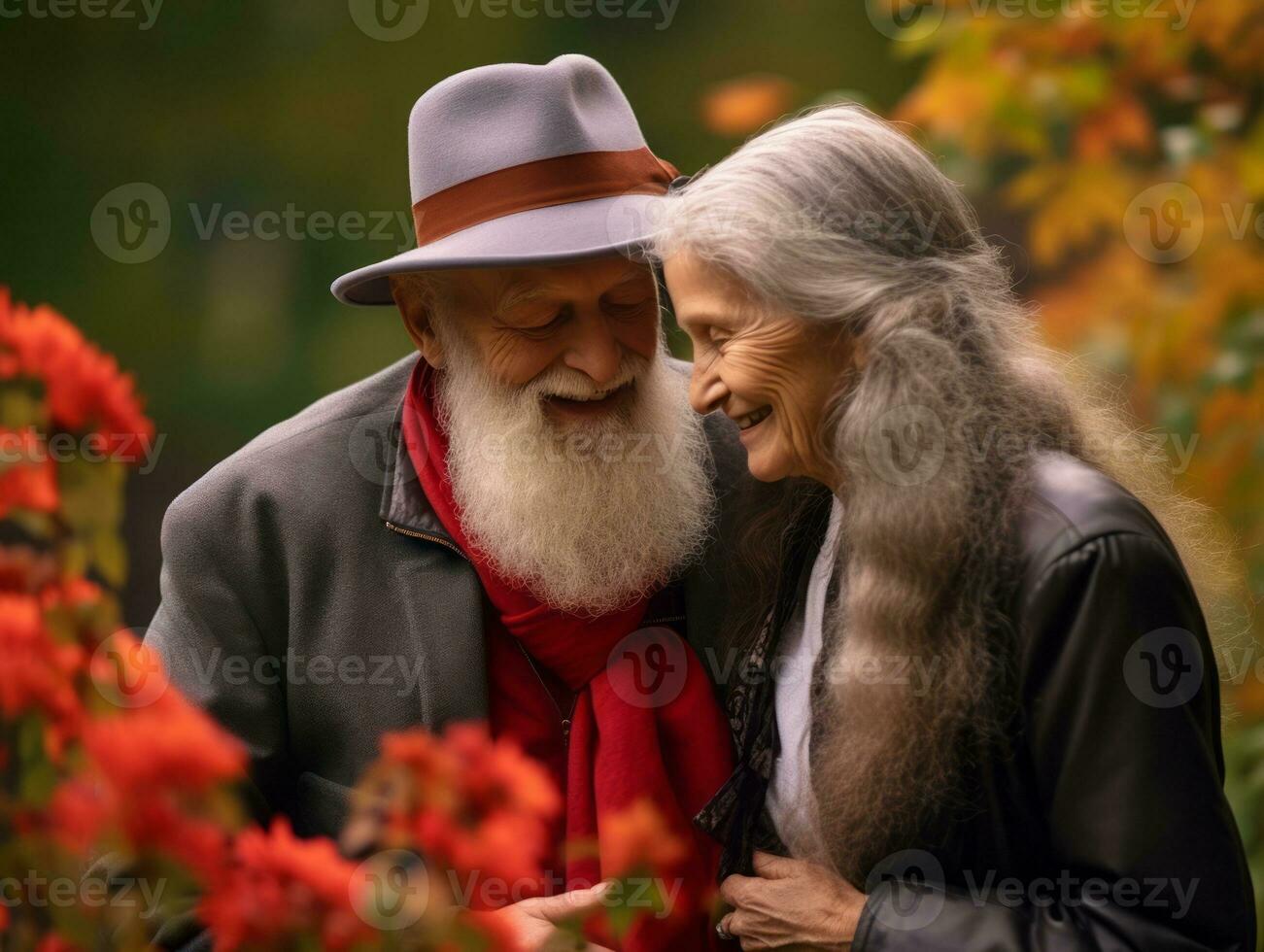 amoroso antiguo Pareja es disfrutando un romántico otoño día ai generativo foto