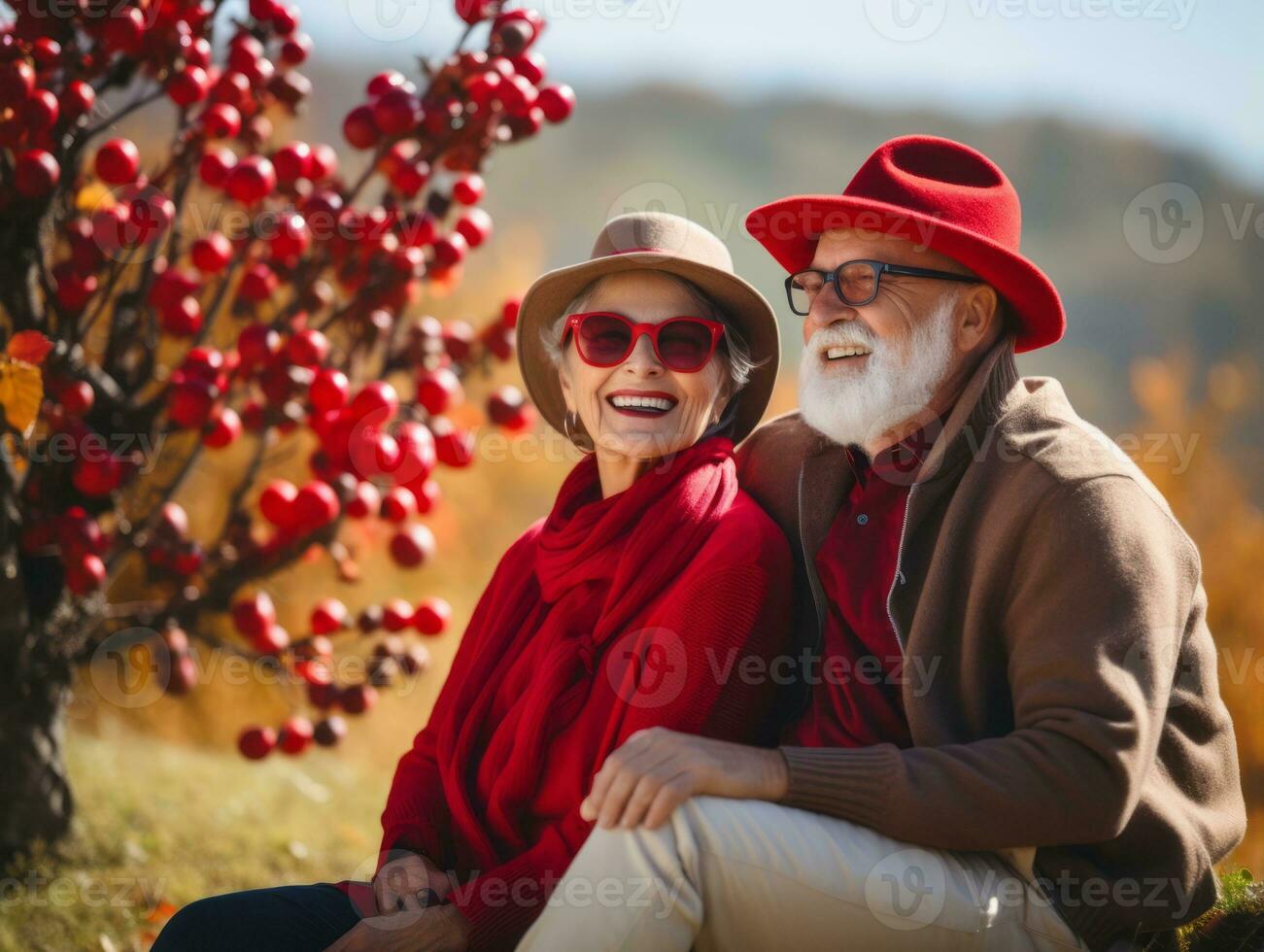 Loving old couple is enjoying a romantic autumn day AI Generative photo