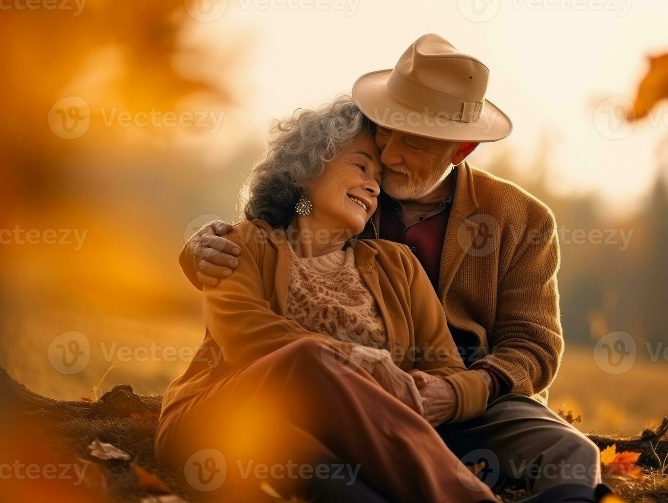 Loving old couple is enjoying a romantic autumn day AI Generative photo