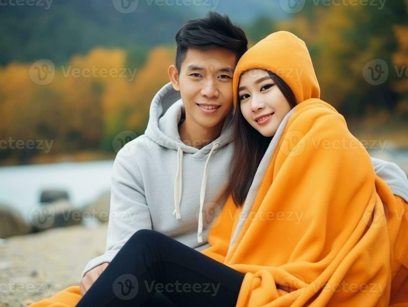 Loving asian couple is enjoying a romantic autumn day AI Generative photo