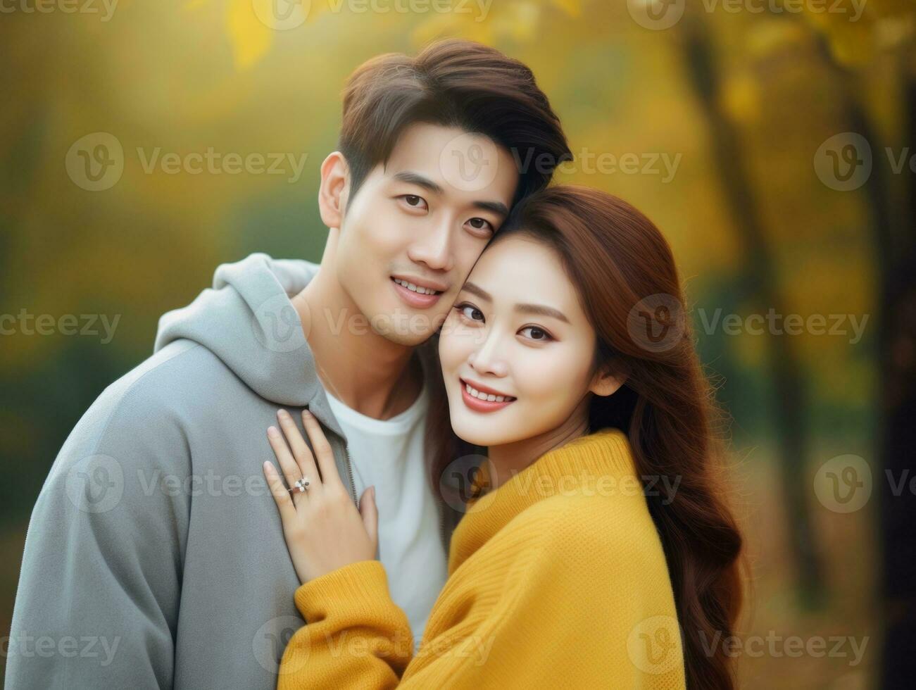Loving asian couple is enjoying a romantic autumn day AI Generative photo