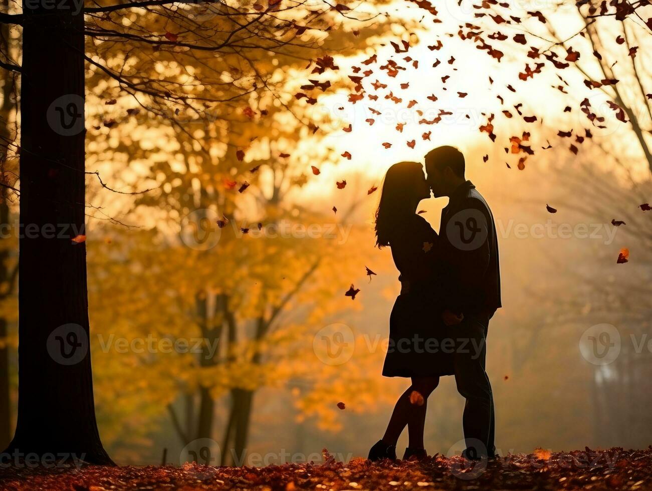 amoroso asiático Pareja es disfrutando un romántico otoño día ai generativo foto