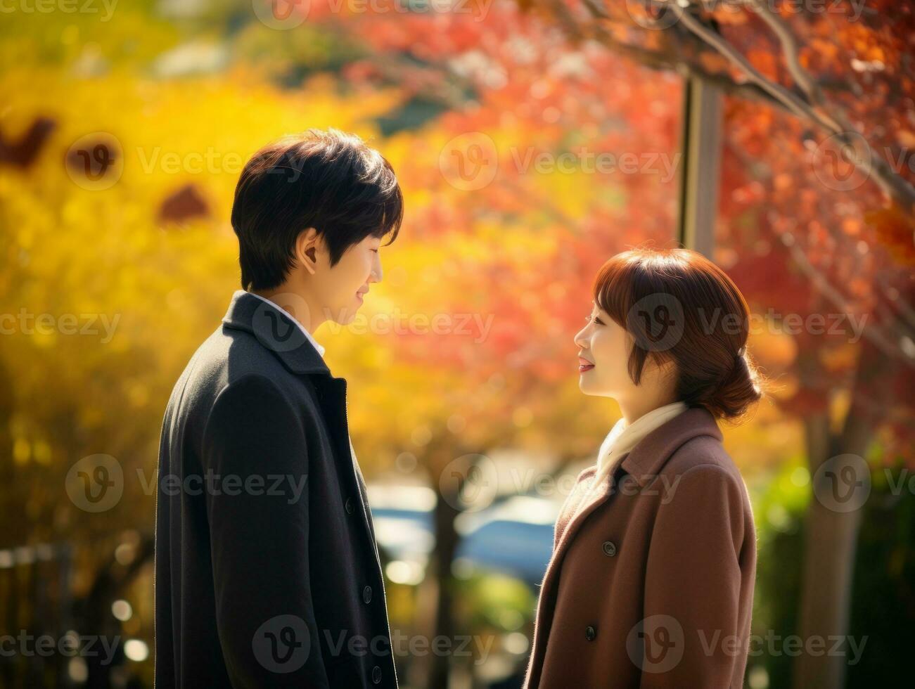 Loving asian couple is enjoying a romantic autumn day AI Generative photo