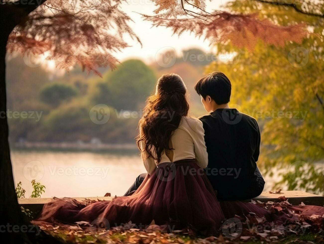 Loving asian couple is enjoying a romantic autumn day AI Generative photo