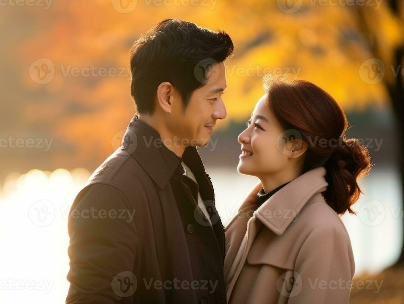 Loving asian couple is enjoying a romantic autumn day AI Generative photo