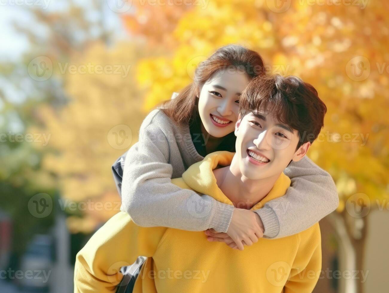 Loving asian couple is enjoying a romantic autumn day AI Generative photo