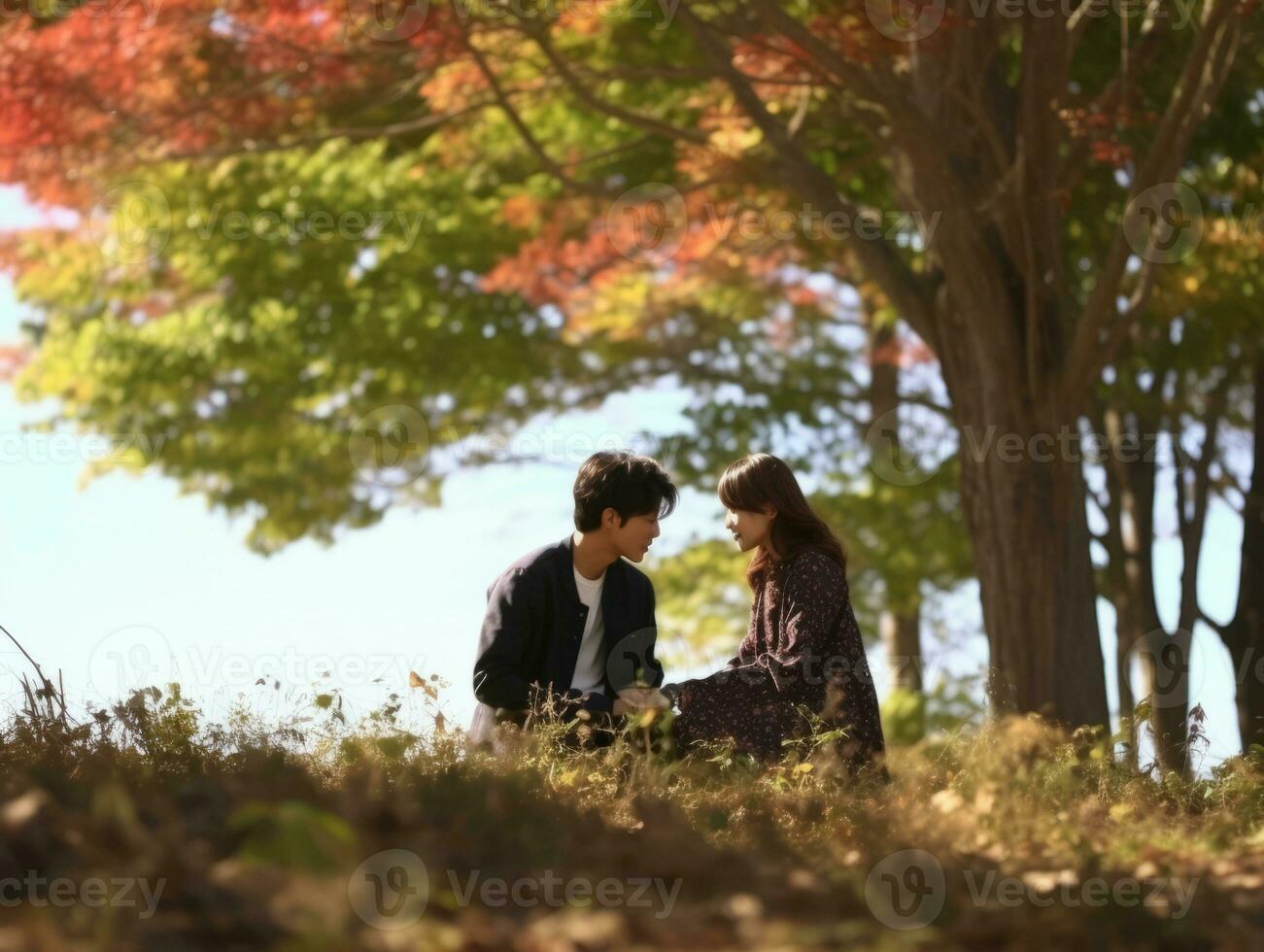 Loving asian couple is enjoying a romantic autumn day AI Generative photo