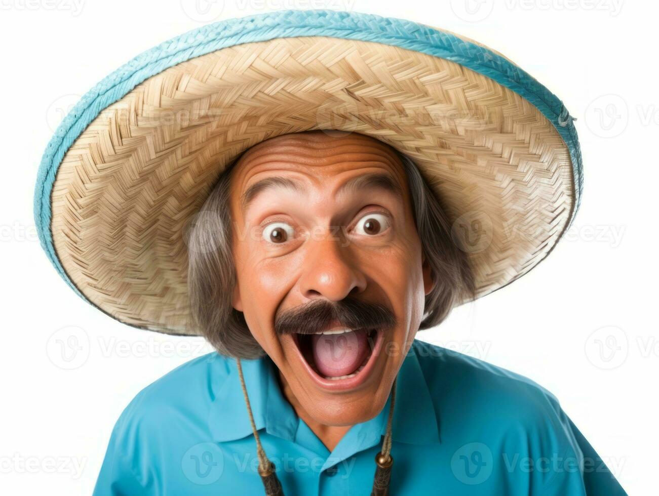 Mexican man in emotional pose on white background AI Generative photo