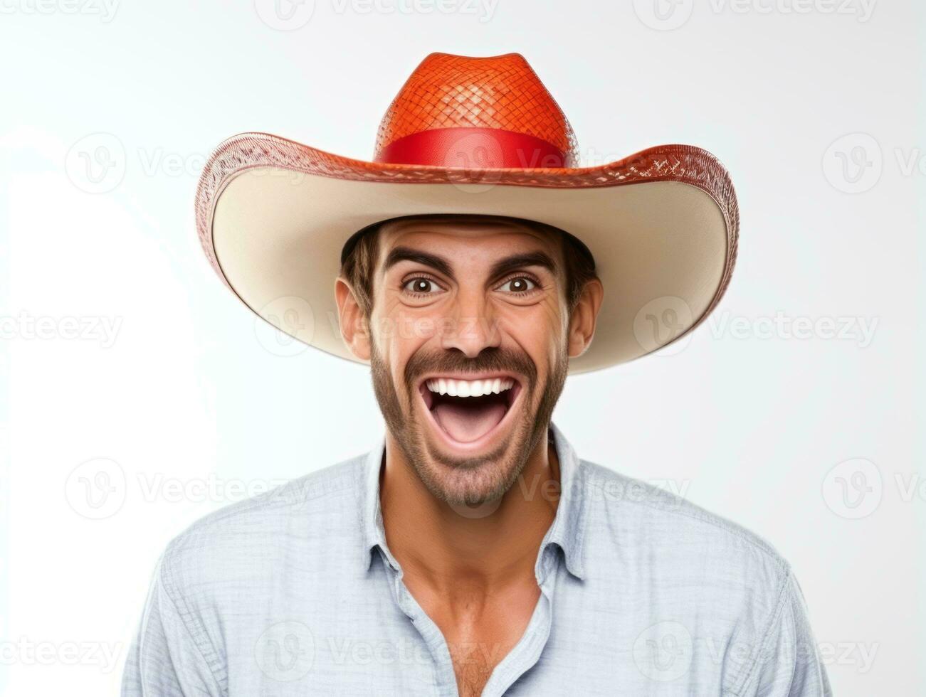 Mexican man in emotional pose on white background AI Generative photo