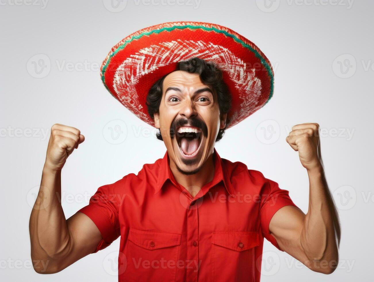 Mexican man in emotional pose on white background AI Generative photo