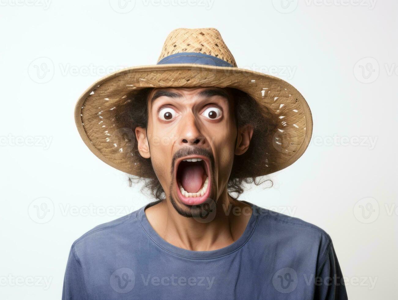Mexican man in emotional pose on white background AI Generative photo