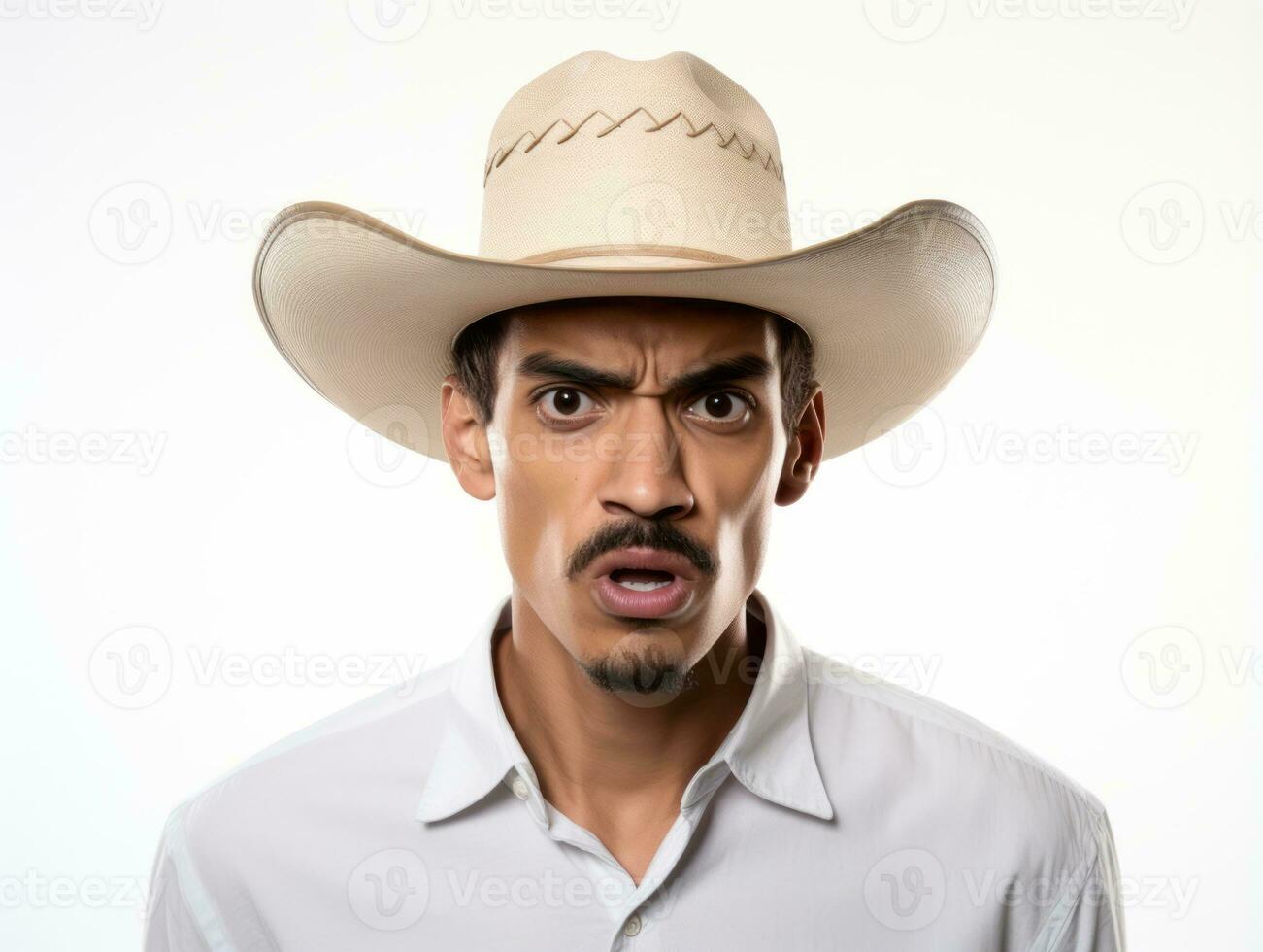 mexicano hombre en emocional actitud en blanco antecedentes ai generativo foto