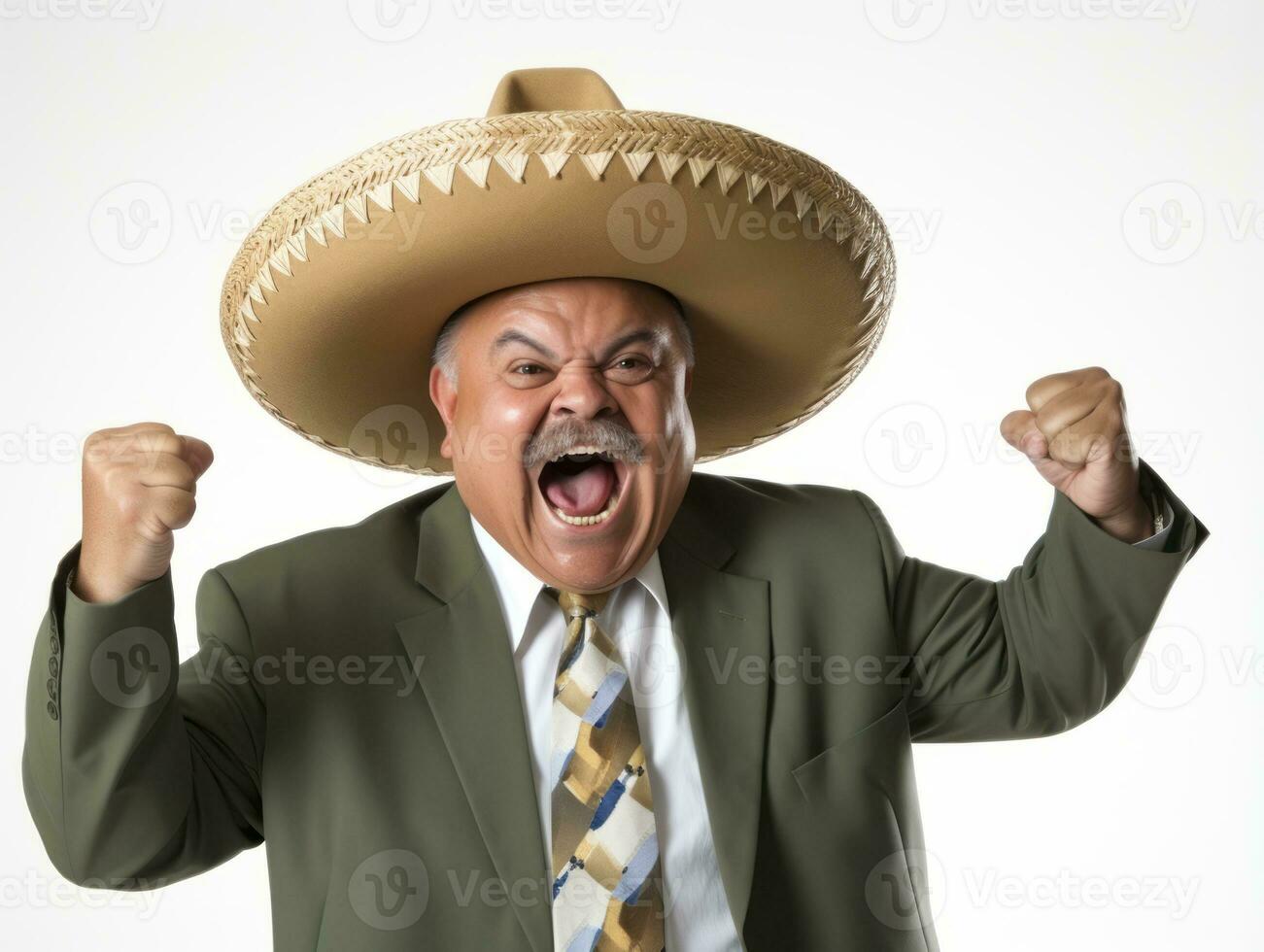 Mexican man in emotional pose on white background AI Generative photo
