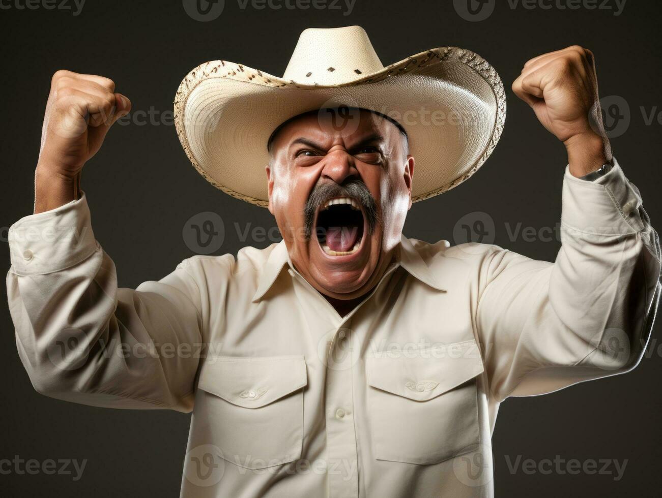 Mexican man in emotional pose on white background AI Generative photo