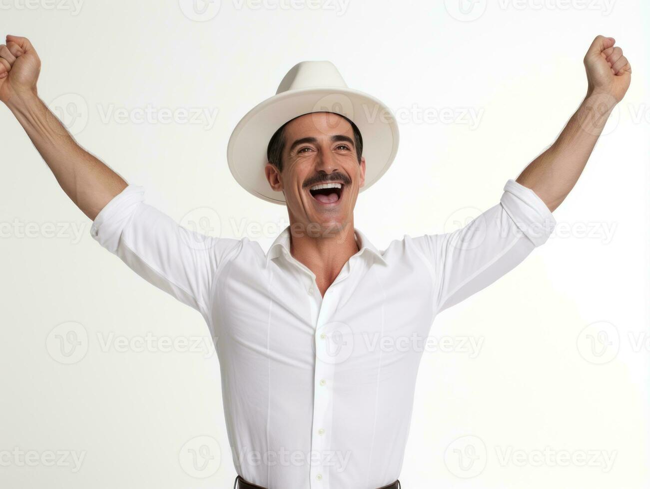 Mexican man in emotional pose on white background AI Generative photo