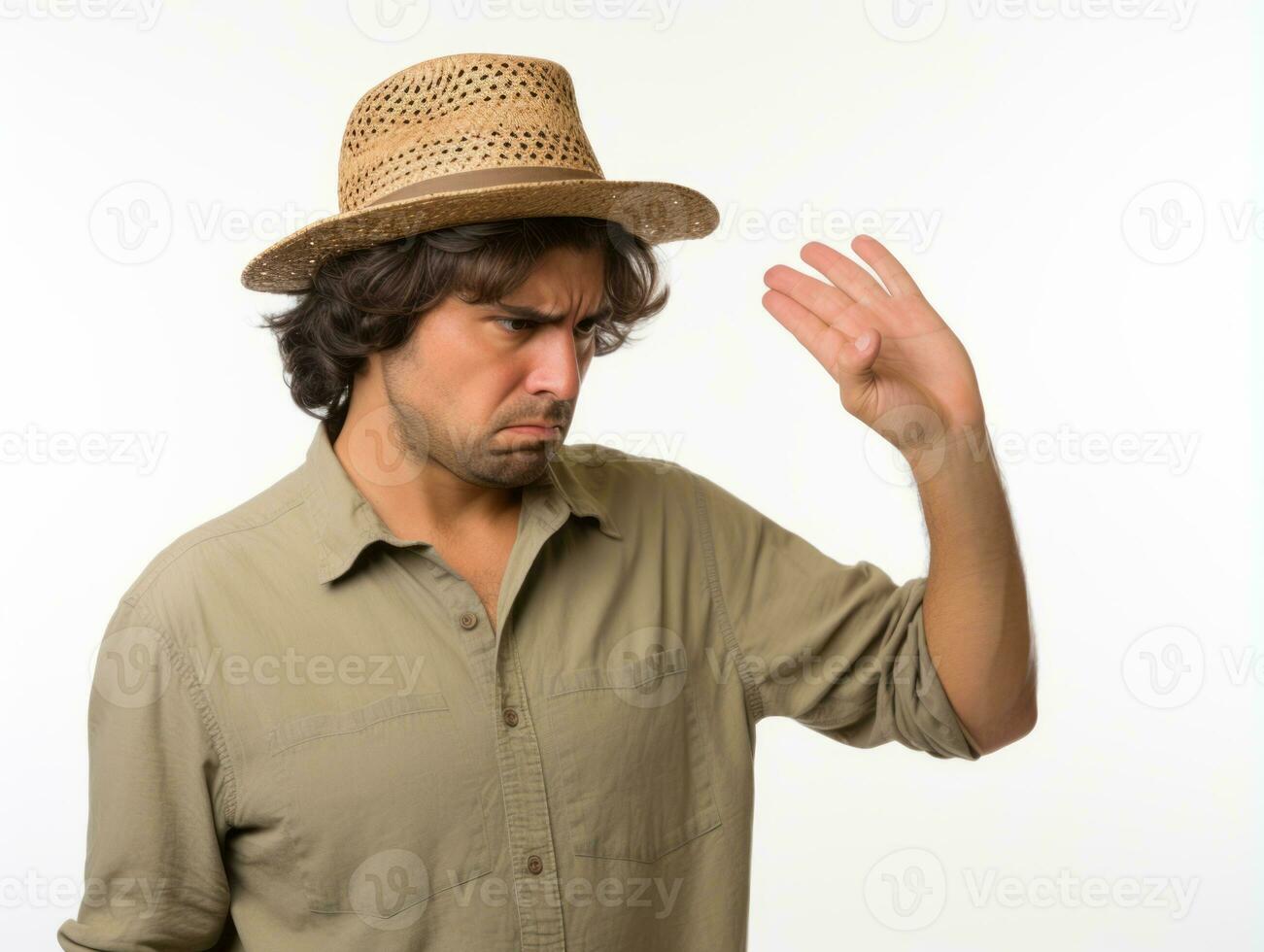 mexicano hombre en emocional actitud en blanco antecedentes ai generativo foto