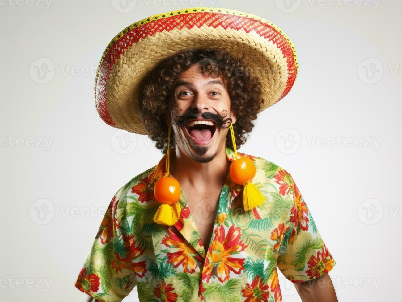 Mexican man in emotional pose on white background AI Generative photo